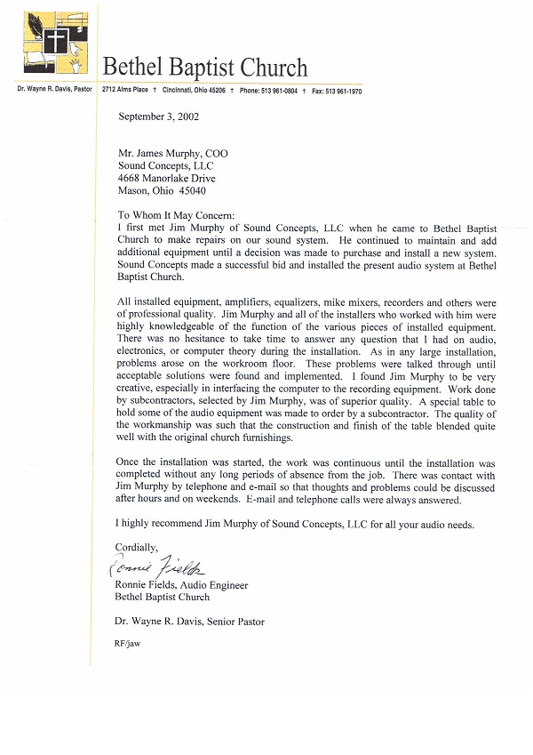 Bethel Baptist Reference Letter